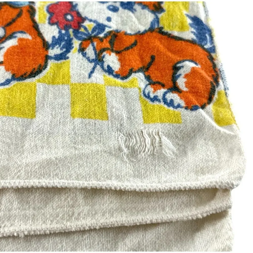 Vintage Puppy Dog Baby Blanket Terrycloth Yellow Checkered Retro Nursery 28x34